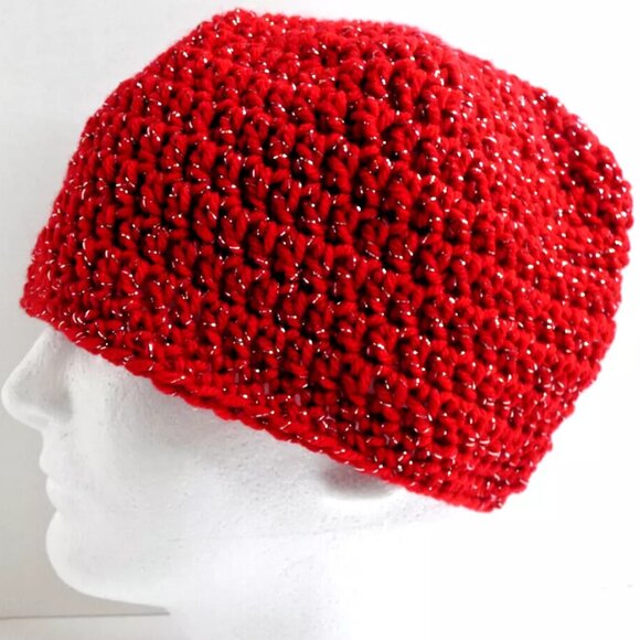 Red Beanie Skull Cap Gold Men Women Winter Hat Handmade Crochet Hand Knit OS - Picture 3 of 8